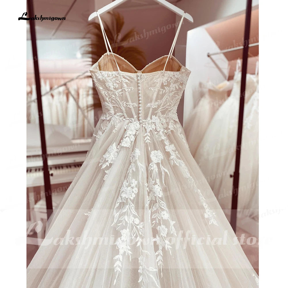 Champagne Lace Spaghetti Straps Wedding Dress Chapel Train Custom Bridal Gown