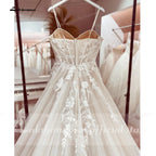 Champagne Lace Spaghetti Straps Wedding Dress Chapel Train Custom Bridal Gown