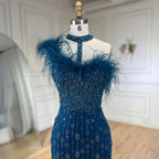 Custom Gray Halter Neck Beaded Mermaid Evening Gown With Feathers