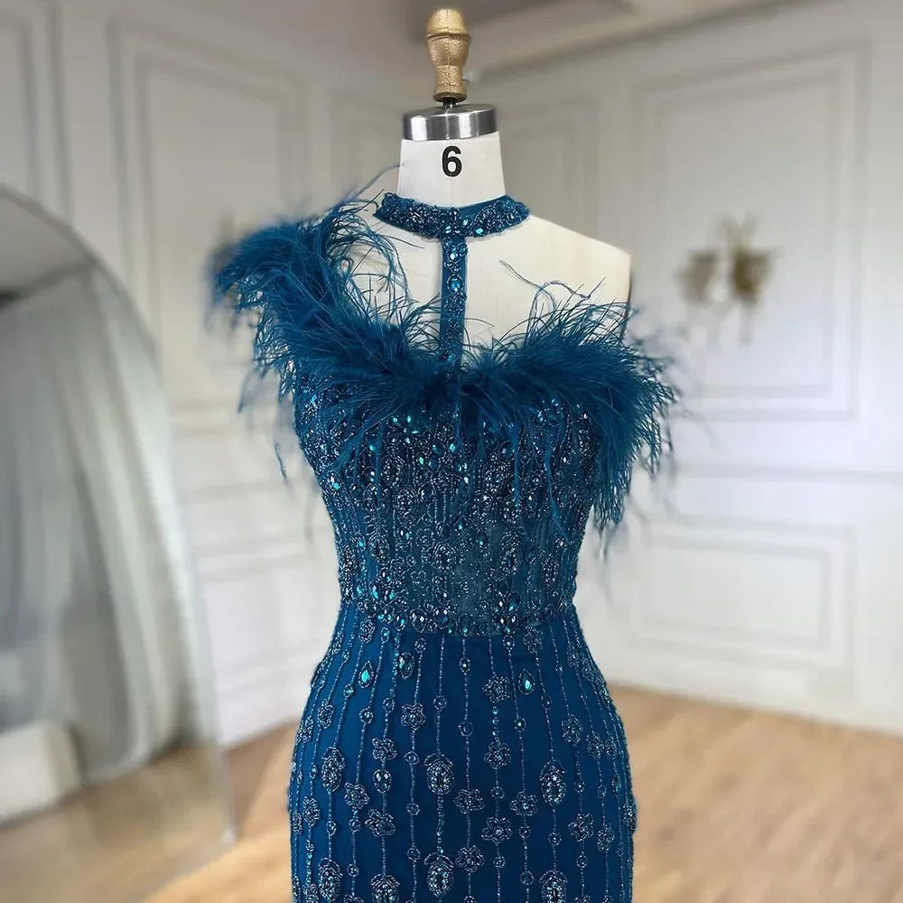 Custom Gray Halter Neck Beaded Mermaid Evening Gown With Feathers