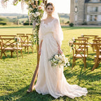 Boho V Neck Wedding Dress Batwing Sleeve Draped Ruched A Line Bridal Gown
