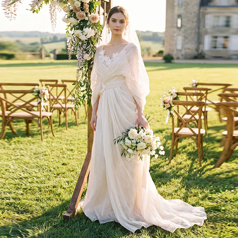 Boho V Neck Wedding Dress Batwing Sleeve Draped Ruched A Line Bridal Gown