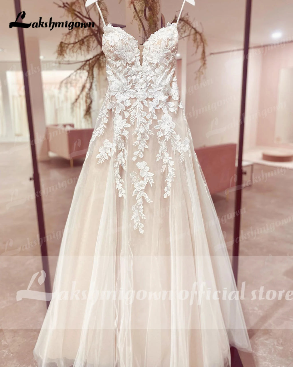 Womens Spaghetti Straps Boho Wedding Dress Lace Bodice Tulle Open Back Gown