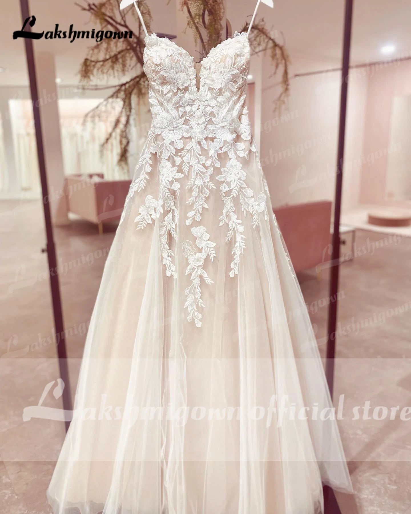 Womens Spaghetti Straps Boho Wedding Dress Lace Bodice Tulle Open Back Gown
