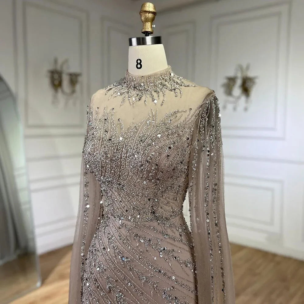 Customized Caramel Mermaid Evening Dress With Beaded Cape Sleeves For Wedding