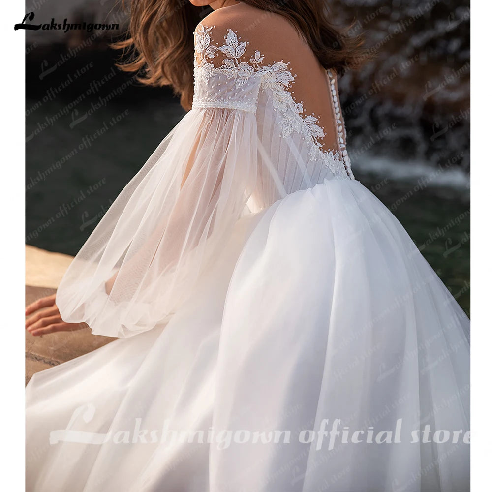 Lakshmigown Puffy Long Sleeves A Line Wedding Dress Deep V Plus Size Custom
