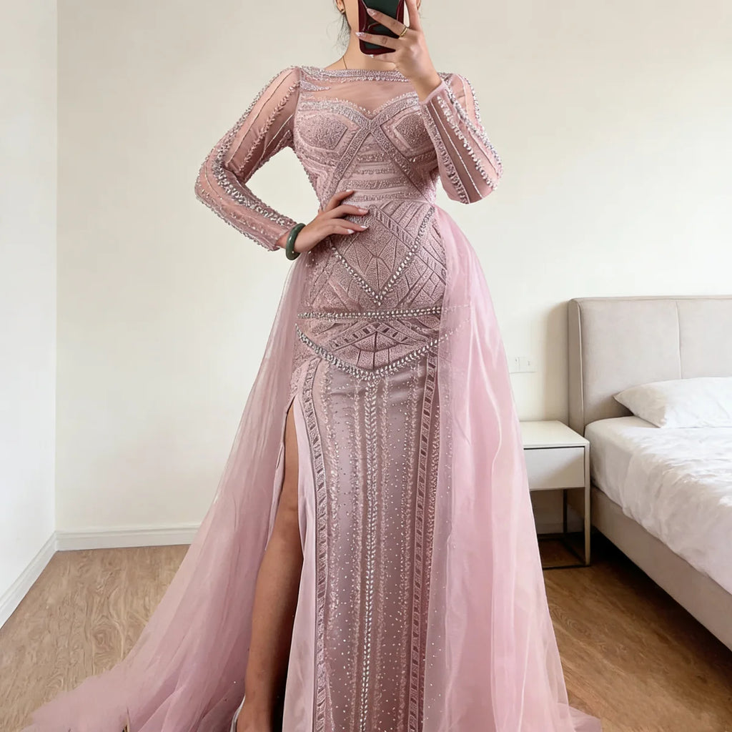 Pink Long Sleeve Mermaid Beaded Customized Evening Dress For Women