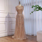 Custom Nude Crew Neck Beaded A Line Evening Dress For Women
