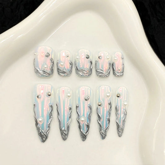 Juego de 10 uñas postizas Aurora hechas a mano con forma de T corta y stiletto largo, diseños de metal plateado, uñas postizas Spicy Girl. 