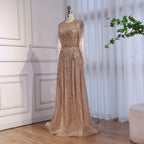 Custom Nude Crew Neck Beaded A Line Evening Dress For Women