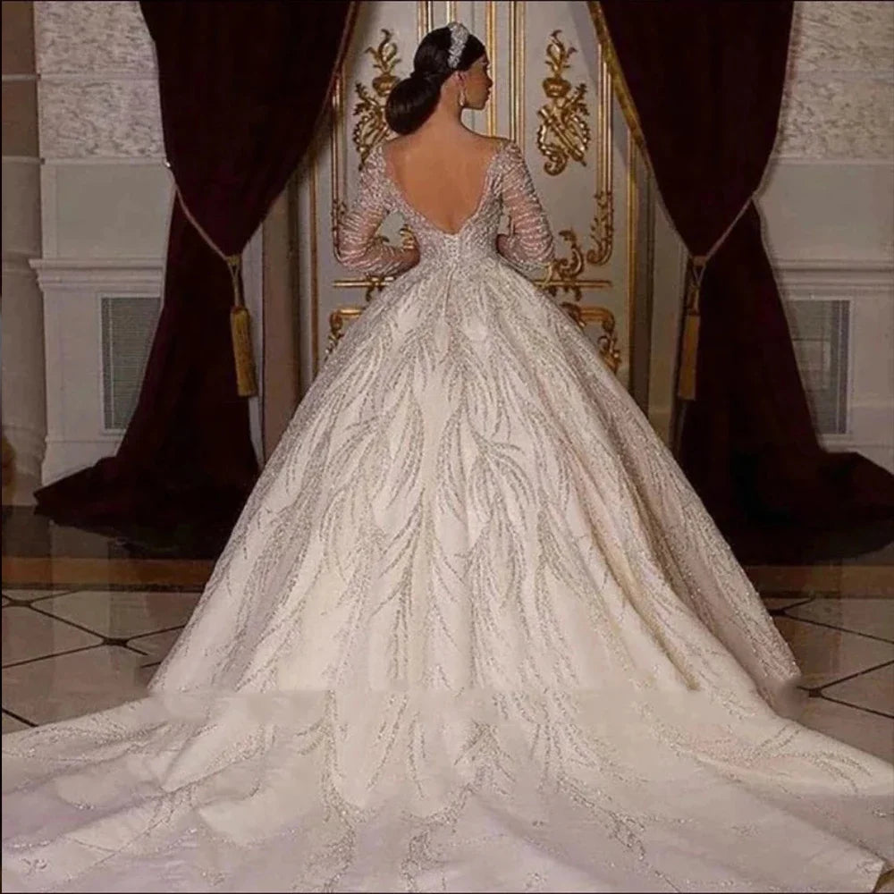 Custom Long Sleeve Sequined Princess Ball Gown Wedding Dress