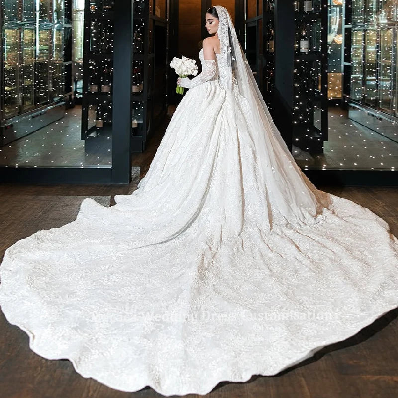 Mocaca Sequin Lace Applique Off Shoulder Long Sleeve Ball Gown Wedding Dress