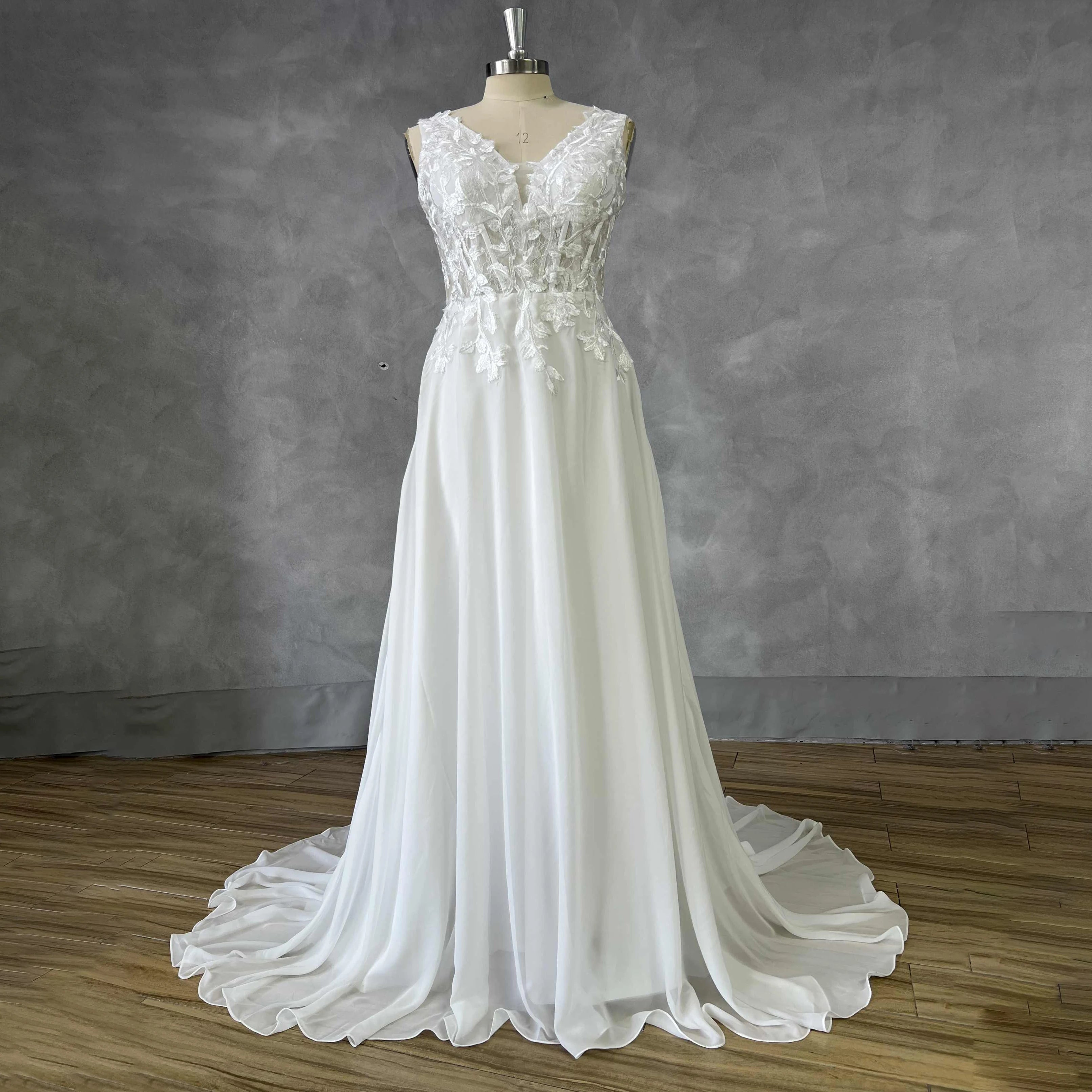 Boho Chiffon Wedding Dress Sleeveless Deep V Lace Sweep Train