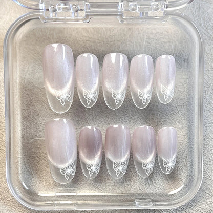 10 uñas postizas de almendra hechas a mano, con diseño de ojo de gato, color blanco, estilo francés, desmontables, para mujer. 
