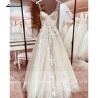Champagne Lace Spaghetti Straps Wedding Dress Chapel Train Custom Bridal Gown