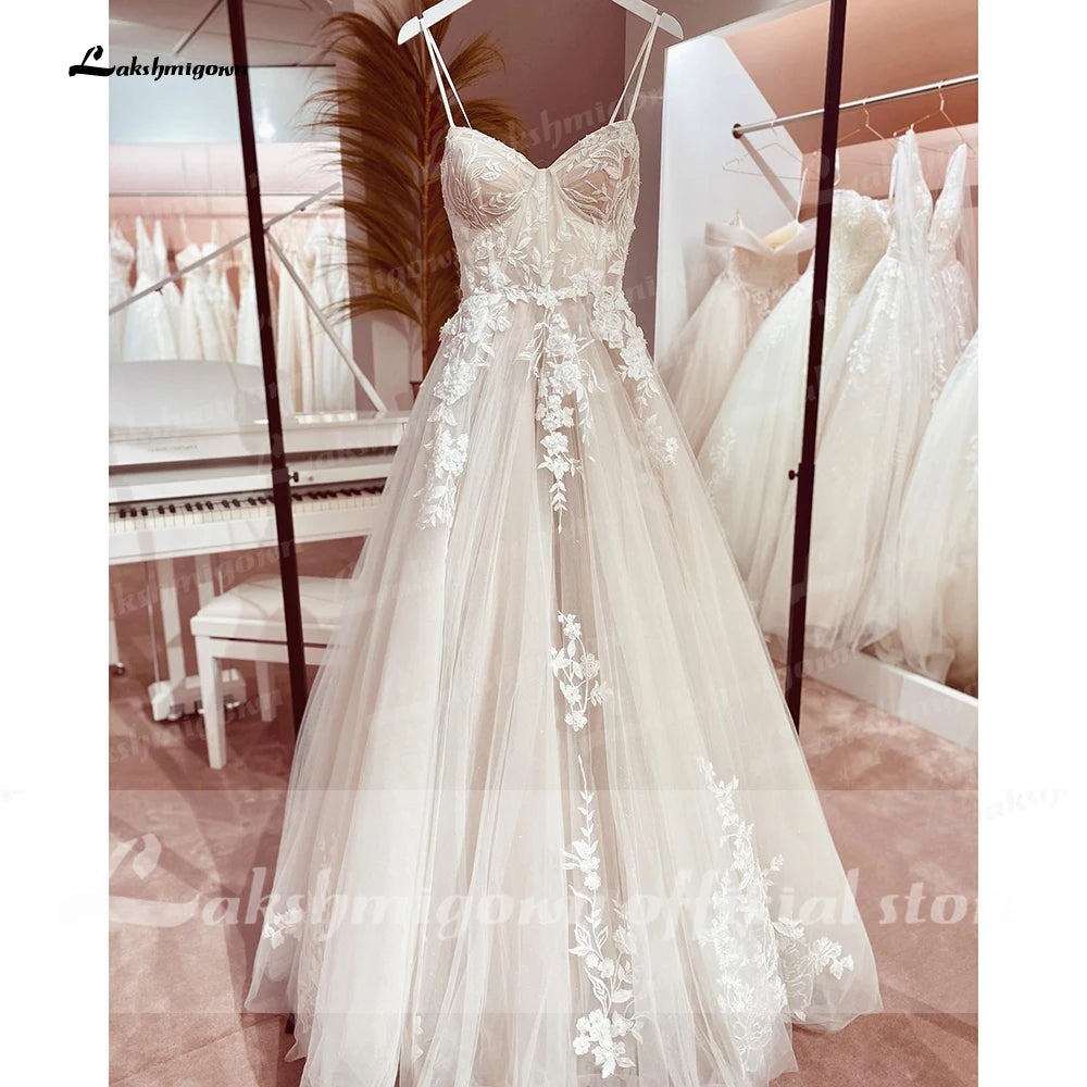 Champagne Lace Spaghetti Straps Wedding Dress Chapel Train Custom Bridal Gown