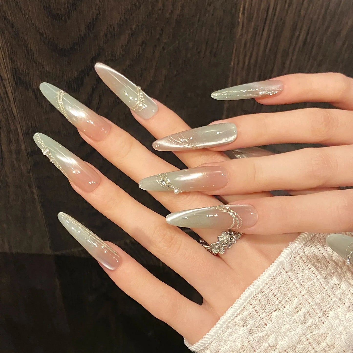 10 uñas postizas de color pomelo verde, hechas a mano, transparentes, estilo ojo de gato, sencillas, ligeras y de lujo, para primavera. 
