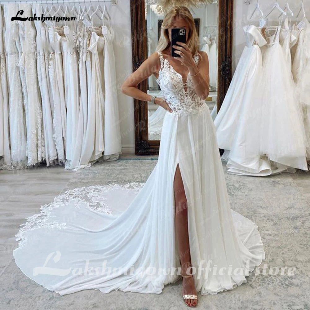 Lakshmigown A-Line Split Chiffon Illusion Bodice Customized Beach Wedding Dresses for Women Appliques Summer Boho Bride Dress