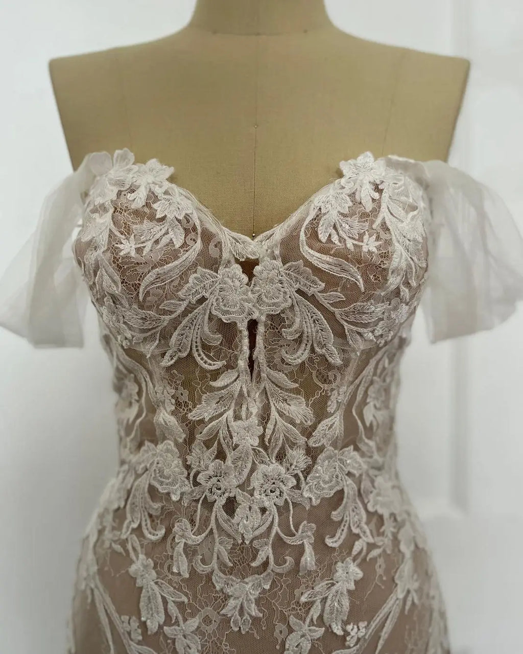 Lakshmigown Off Shoulder Lace Appliques Bride Champagne Custom Wedding Gown