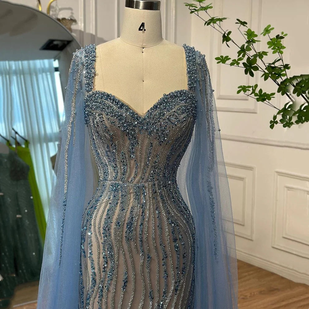 Blue Mermaid Beaded Evening Dress with Cape Sleeves Custom Wedding Gown