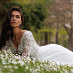 Boho V Neck Lace Chiffon Wedding Dress A Line Custom
