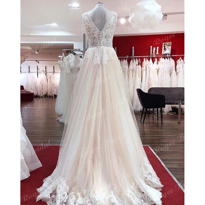 Lakshmigown Boho Champagne Lace V Neck Sleeveless Custom Train Bridal Gown