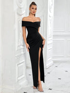 Black Off-Shoulder High Slit Maxi Dress for Evening Party Formal Occasion