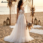 Custom V Neck Lace A Line Wedding Floor Length Spaghetti Strap