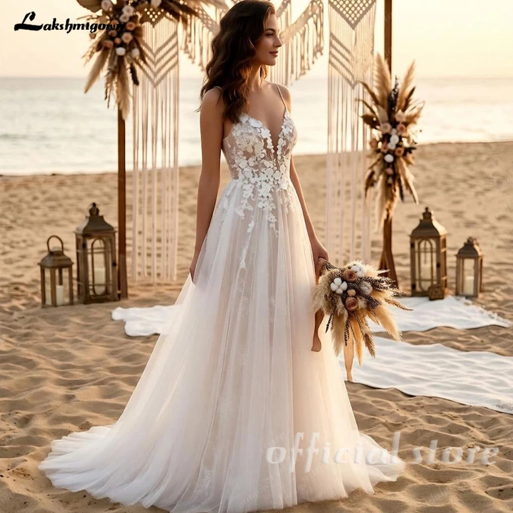 Custom V Neck Lace A Line Wedding Floor Length Spaghetti Strap
