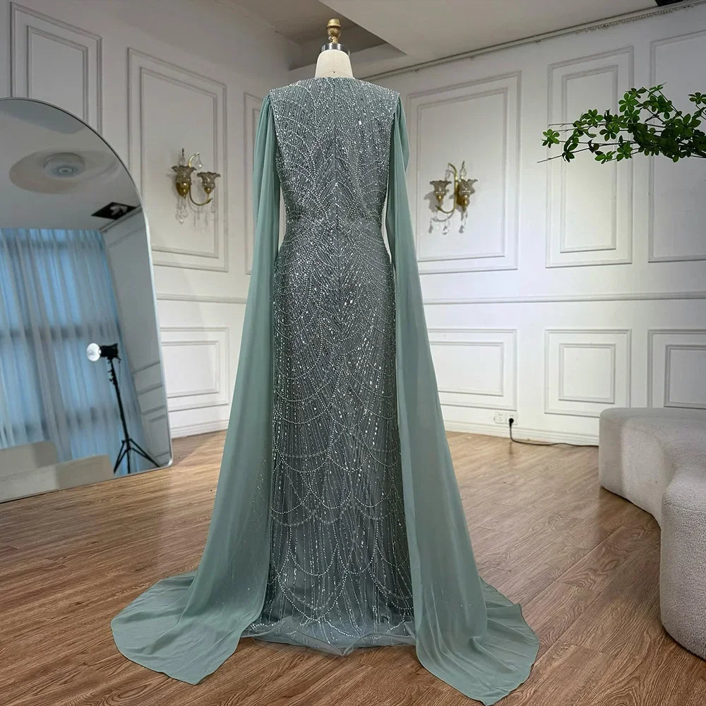 Custom Sage Green Mermaid Evening Dress With Beaded Cape Sleeves Gown