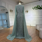 Custom Sage Green Mermaid Evening Dress With Beaded Cape Sleeves Gown