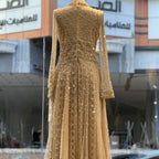 Luxury Beaded A Line Evening Dress With Lapel Collar For Modest Formal Wear