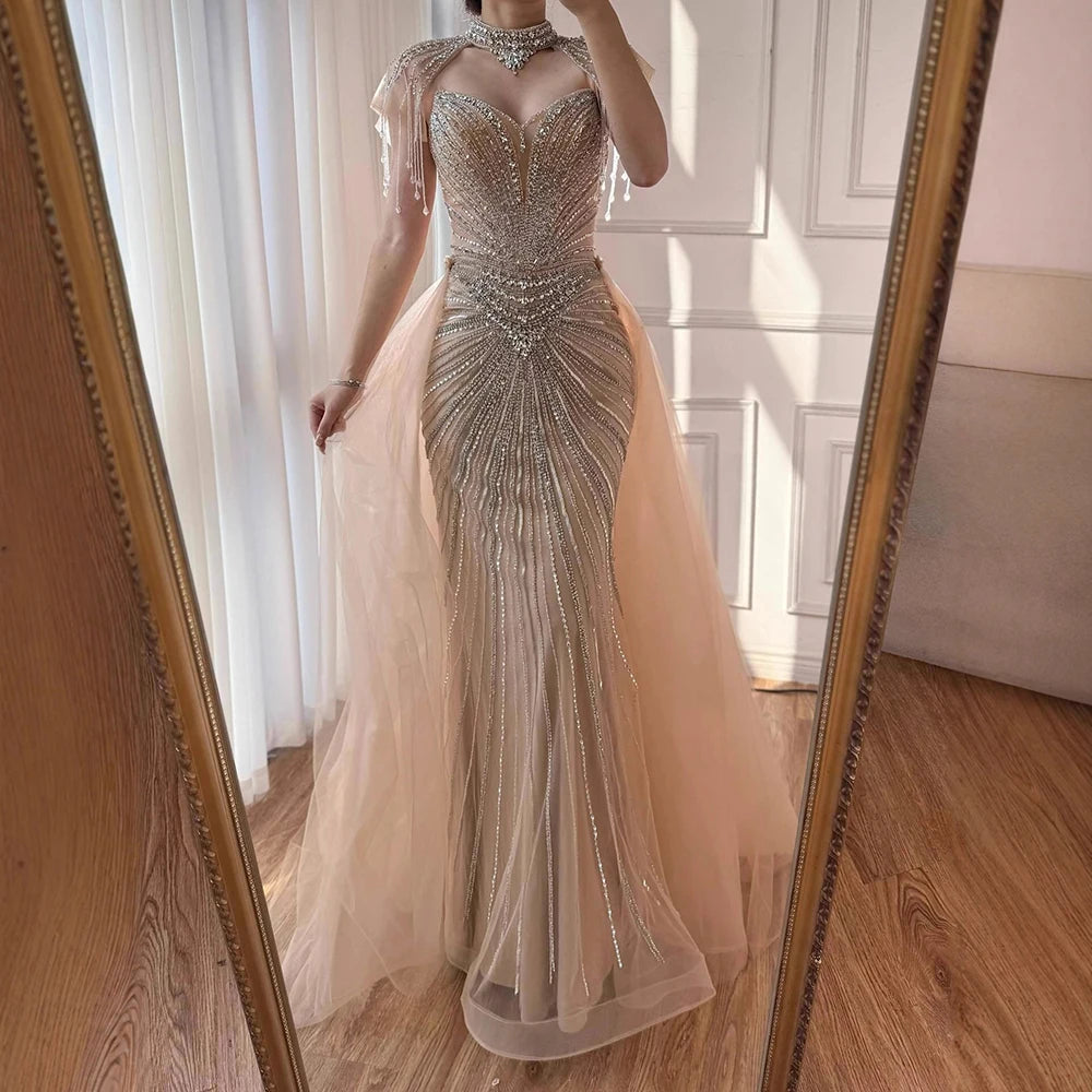 Nude Mermaid Tassel Beaded Evening Dress With Detachable Overskirt Custom