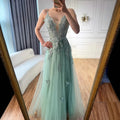 Luxury Sage Green Lace A-Line Prom Dress with Spaghetti Straps LA73005