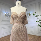 Custom Turquoise Off Shoulder Beaded Mermaid Overskirt Evening Gown For Women