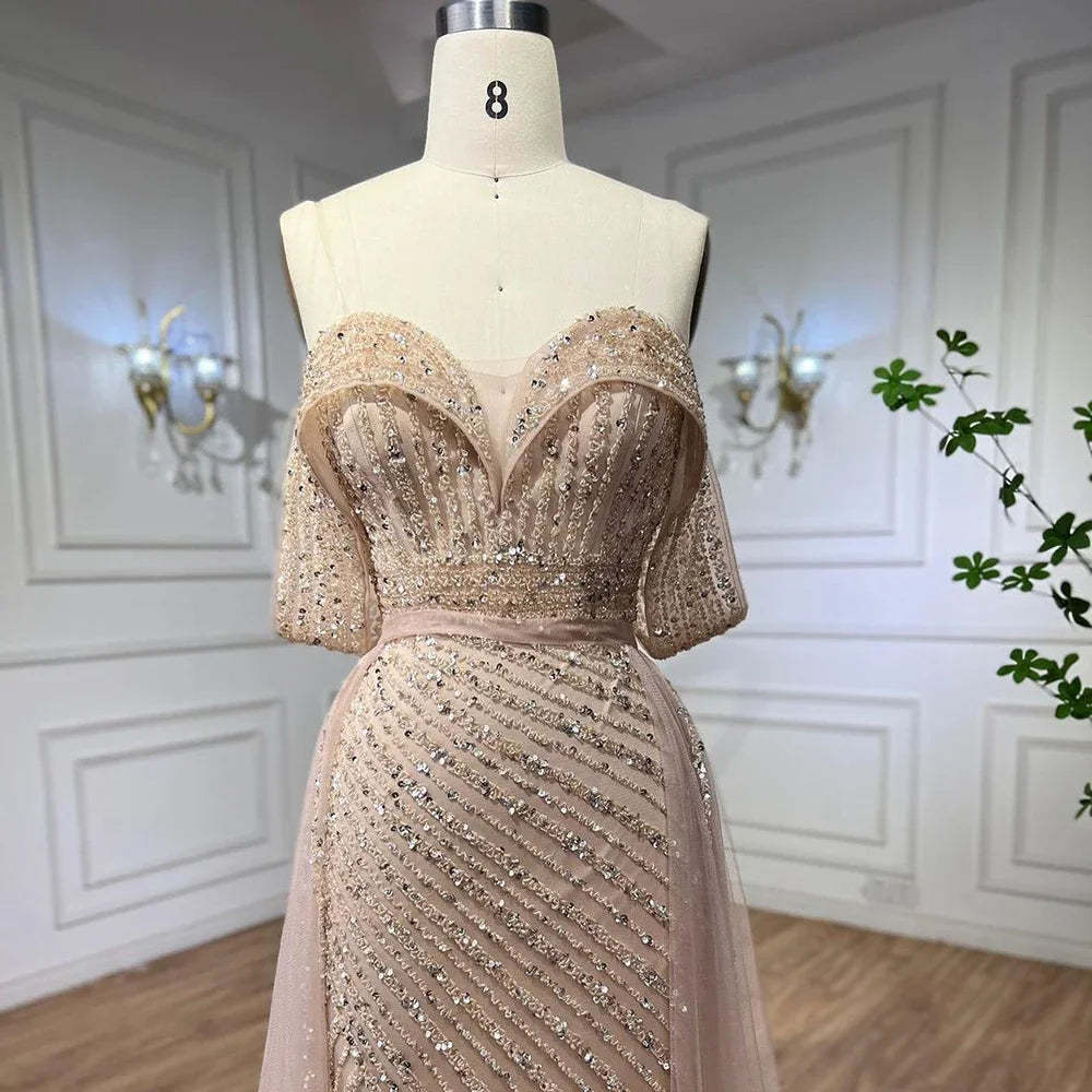 Custom Turquoise Off Shoulder Beaded Mermaid Overskirt Evening Gown For Women
