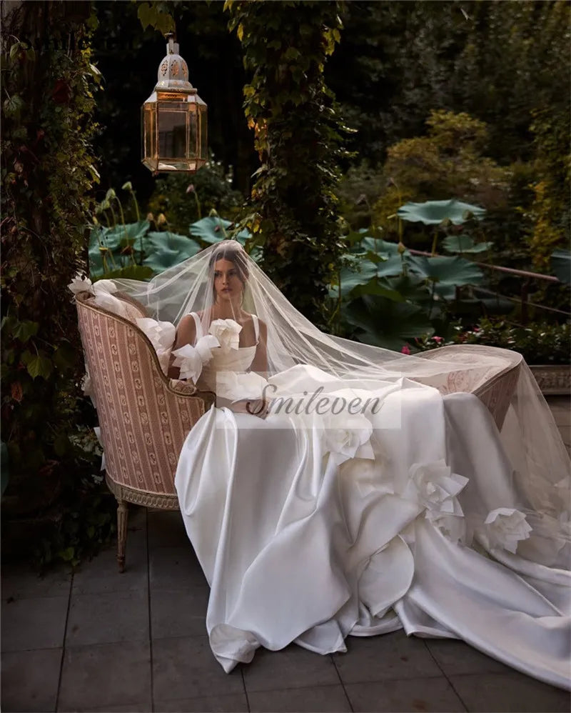 Custom Satin A Line Wedding Dress With Spaghetti Strap And Boat Neck