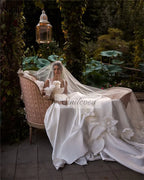 Custom Satin A Line Wedding Dress With Spaghetti Strap And Boat Neck