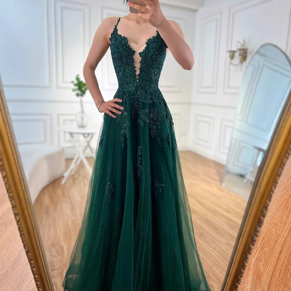 Luxury Sage Green Lace A-Line Prom Dress with Spaghetti Straps LA73005