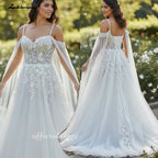 Custom Lace Spaghetti Strap Bridal Gown With Detachable Cape For Brides