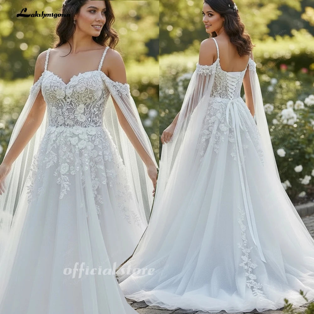 Custom Lace Spaghetti Strap Bridal Gown With Detachable Cape For Brides
