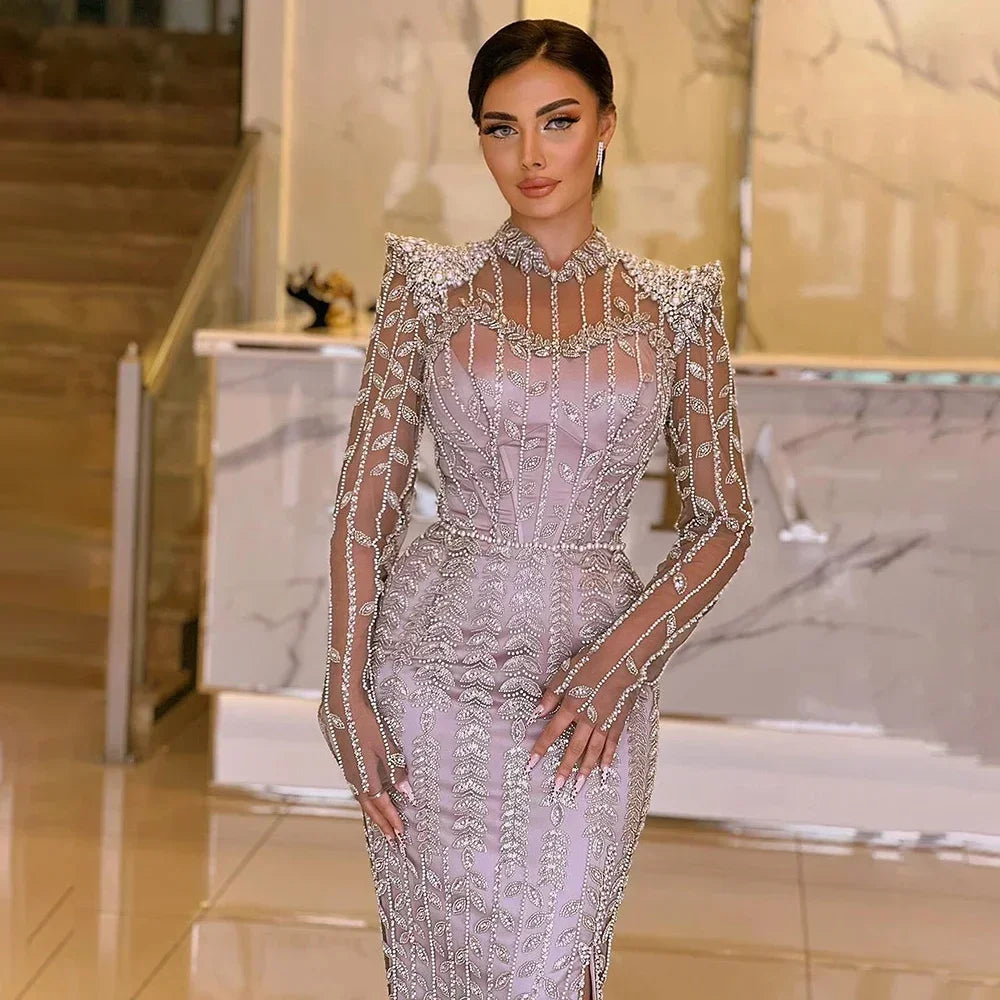 Serene Hill Luxury Pink Mermaid Beaded Pearl Customized Evening Gown