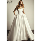 Kyoto Custom White Satin Off Shoulder A Line Wedding Dress With Court Train