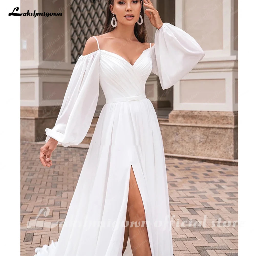 Custom A Line Chiffon Wedding Dress For Women Long Sleeves Boat Neck Side Slit