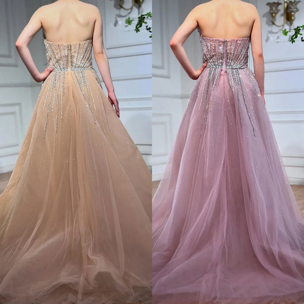 Serene Hill 2025 Pink Crystal Beaded Saudi Mermaid Evening Gown With Overskirt