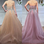 Serene Hill 2025 Pink Crystal Beaded Saudi Mermaid Evening Gown With Overskirt