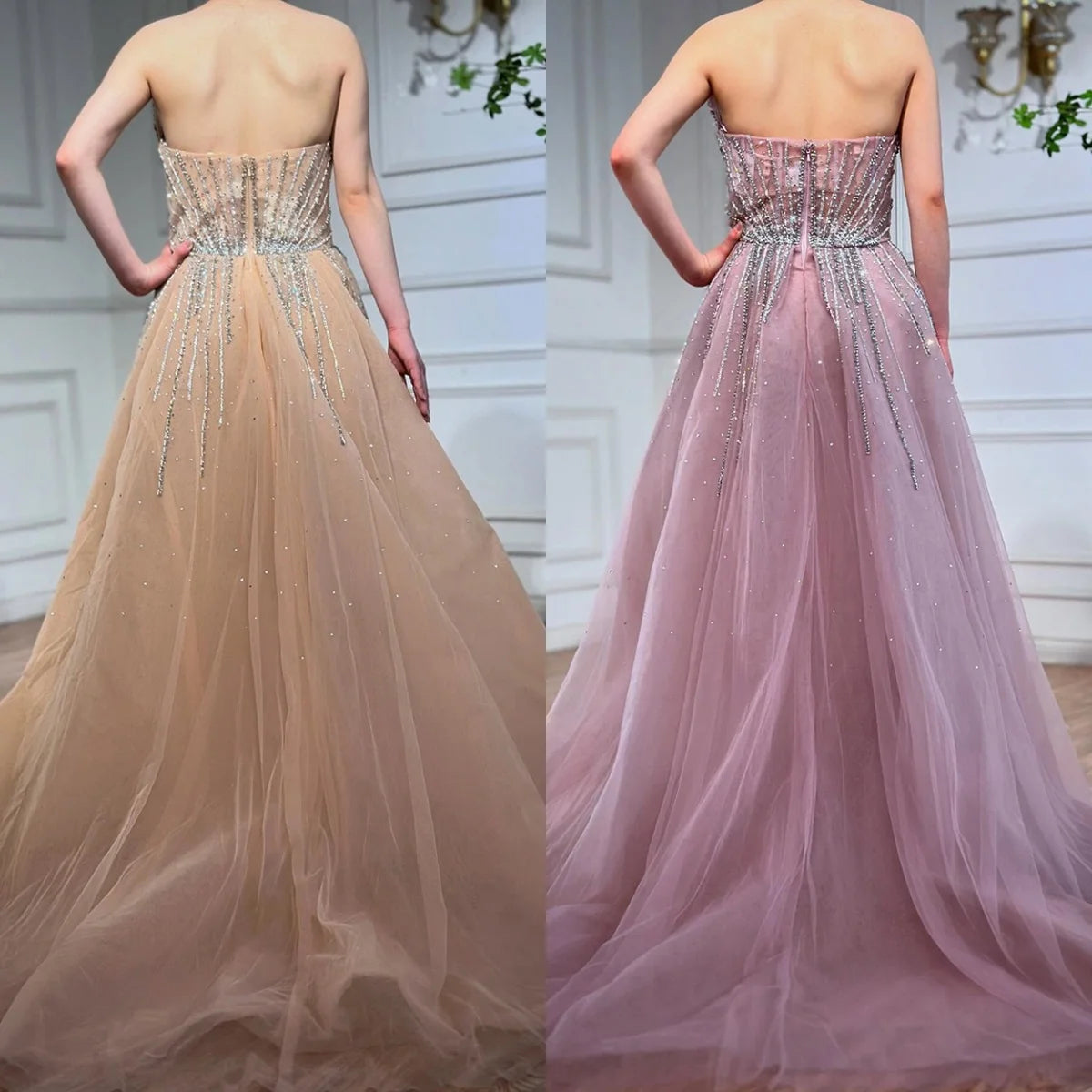 Serene Hill 2025 Pink Crystal Beaded Saudi Mermaid Evening Gown With Overskirt