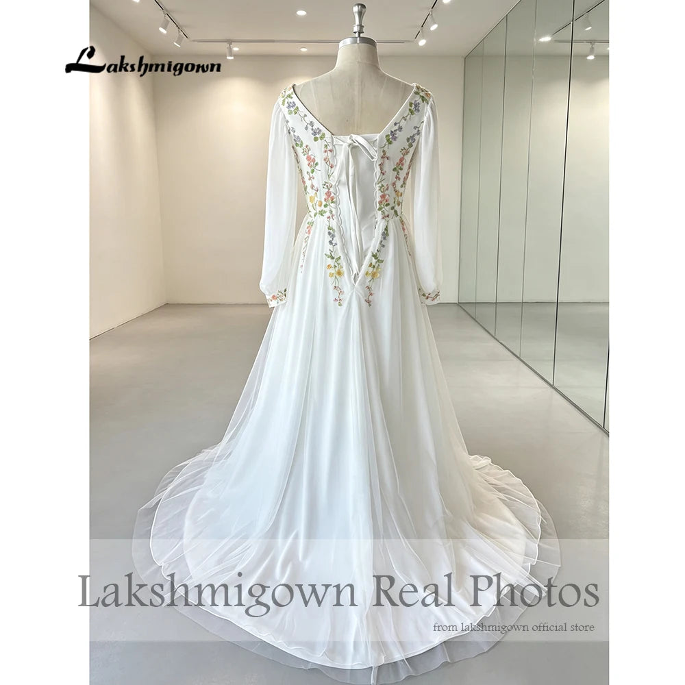 Customized Chiffon Embroidered Bridal Gown With Puff Sleeves And Lace Up Back