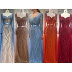 Custom Blue Long Sleeve Mermaid Pearl Beaded Evening Dress Women Wedding Gown