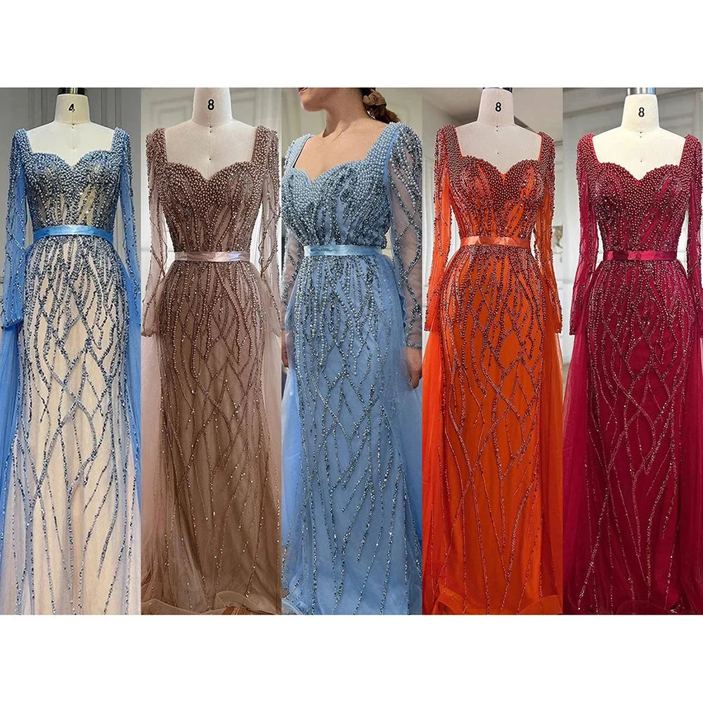 Custom Blue Long Sleeve Mermaid Pearl Beaded Evening Dress Women Wedding Gown